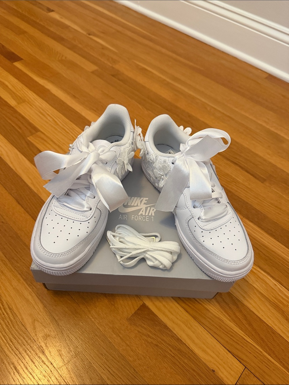 Nike White Air Force 1 Sneakers with Ribbon Laces for Wedding Reception